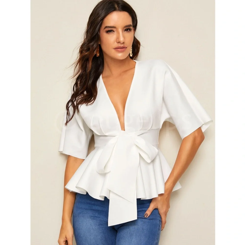 White Peplum Top V-Neck Half Sleeve Front Ties - Picture 6 of 12